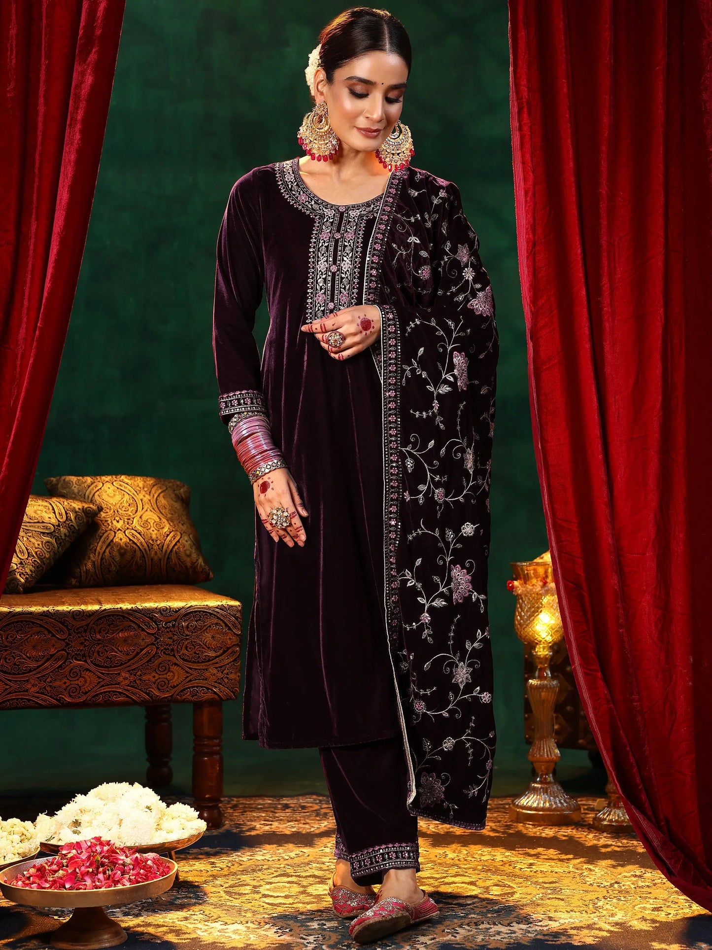 Libas Burgundy Yoke Design Velvet Straight Suit With Dupatta