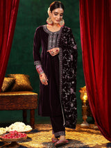 Libas Burgundy Yoke Design Velvet Straight Suit With Dupatta