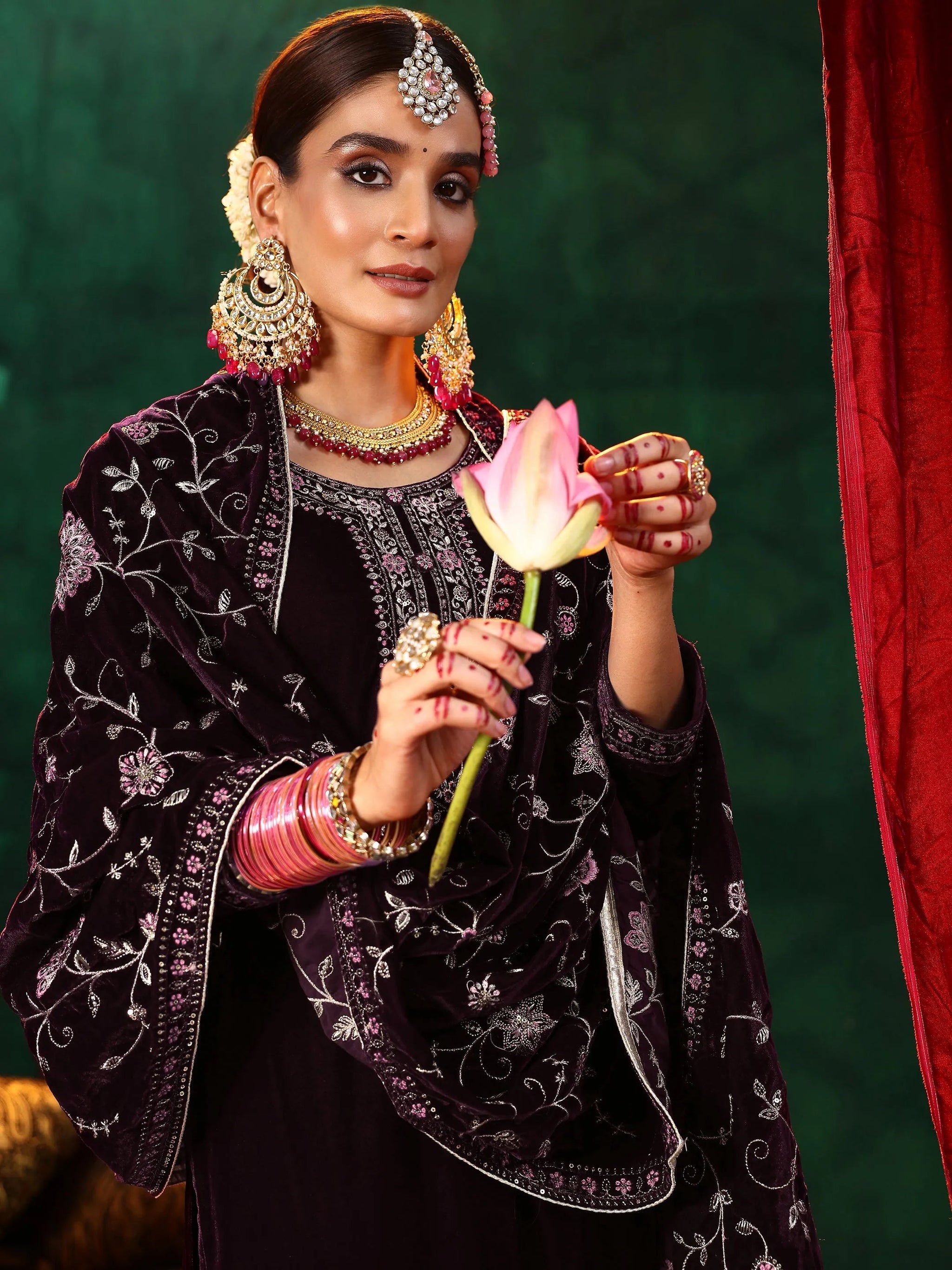 Libas Burgundy Yoke Design Velvet Straight Suit With Dupatta
