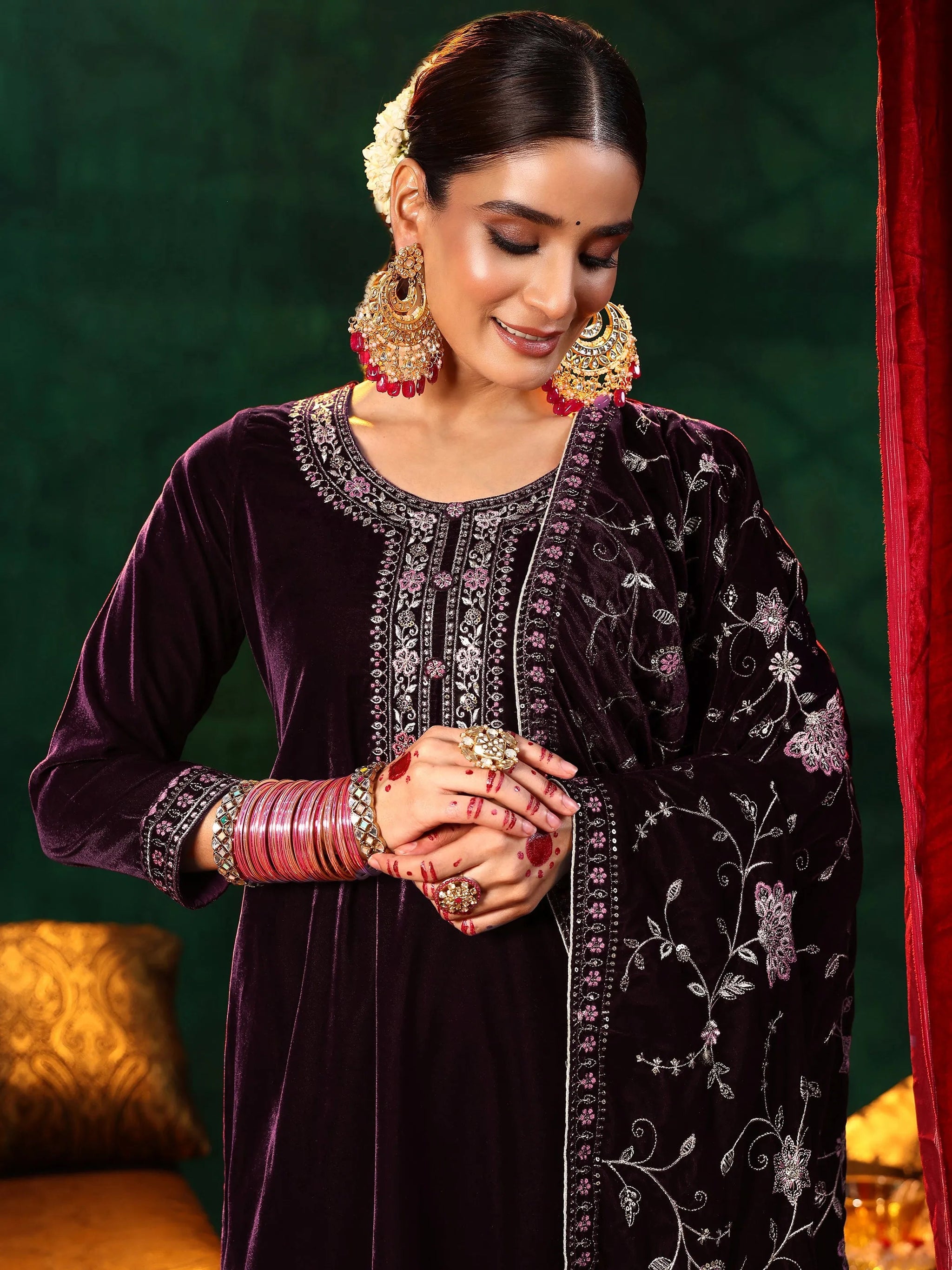 Libas Burgundy Yoke Design Velvet Straight Suit With Dupatta