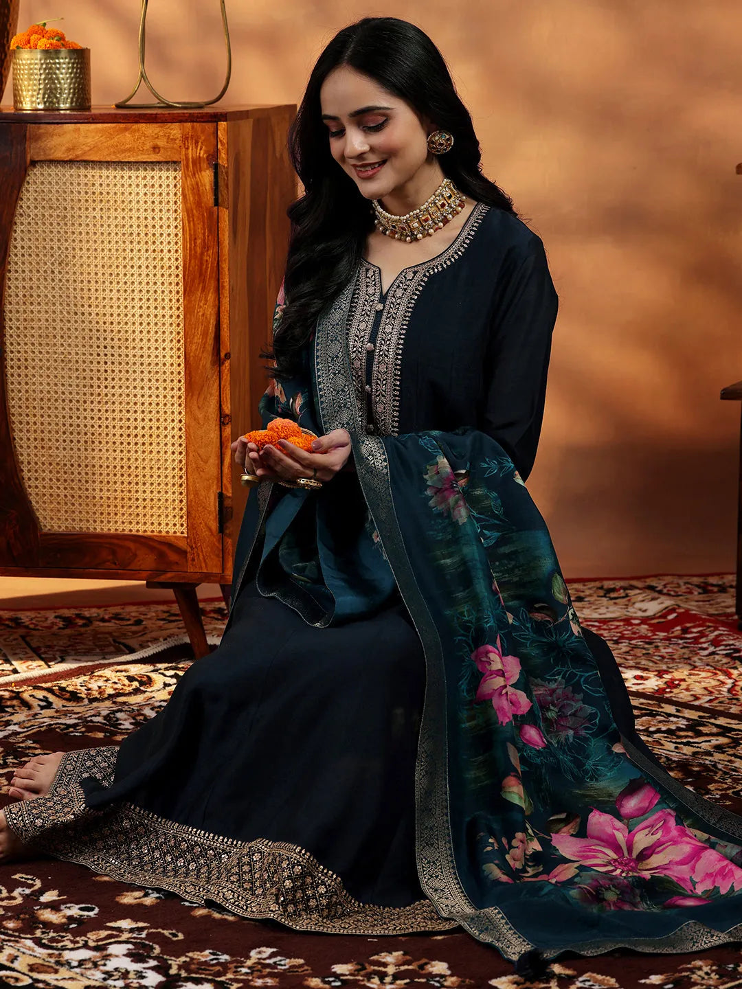 Libas Blue Yoke Design Silk Blend A-Line Kurta With Trousers & Dupatta