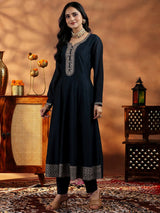 Libas Blue Yoke Design Silk Blend A-Line Kurta With Trousers & Dupatta