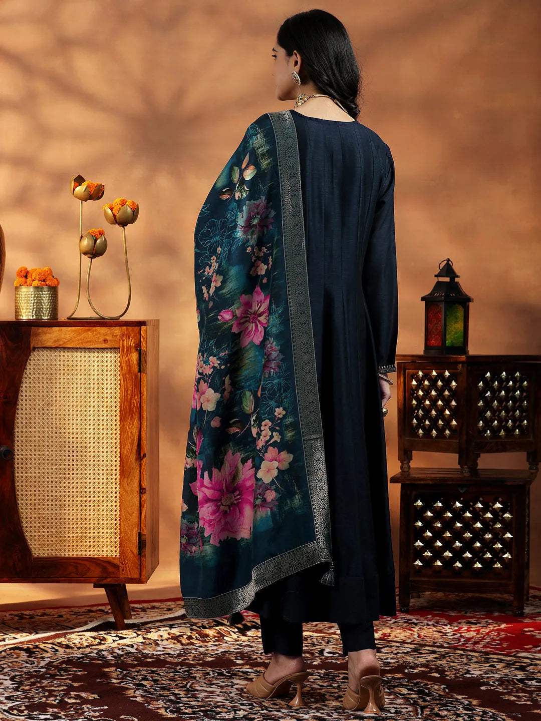Libas Blue Yoke Design Silk Blend A-Line Kurta With Trousers & Dupatta