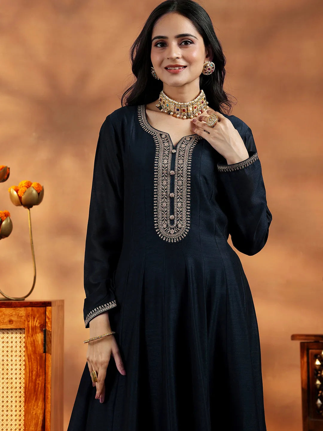 Libas Blue Yoke Design Silk Blend A-Line Kurta With Trousers & Dupatta