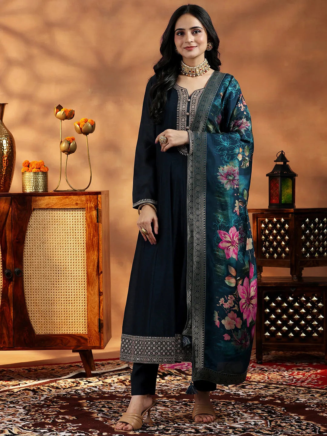 Libas Blue Yoke Design Silk Blend A-Line Kurta With Trousers & Dupatta