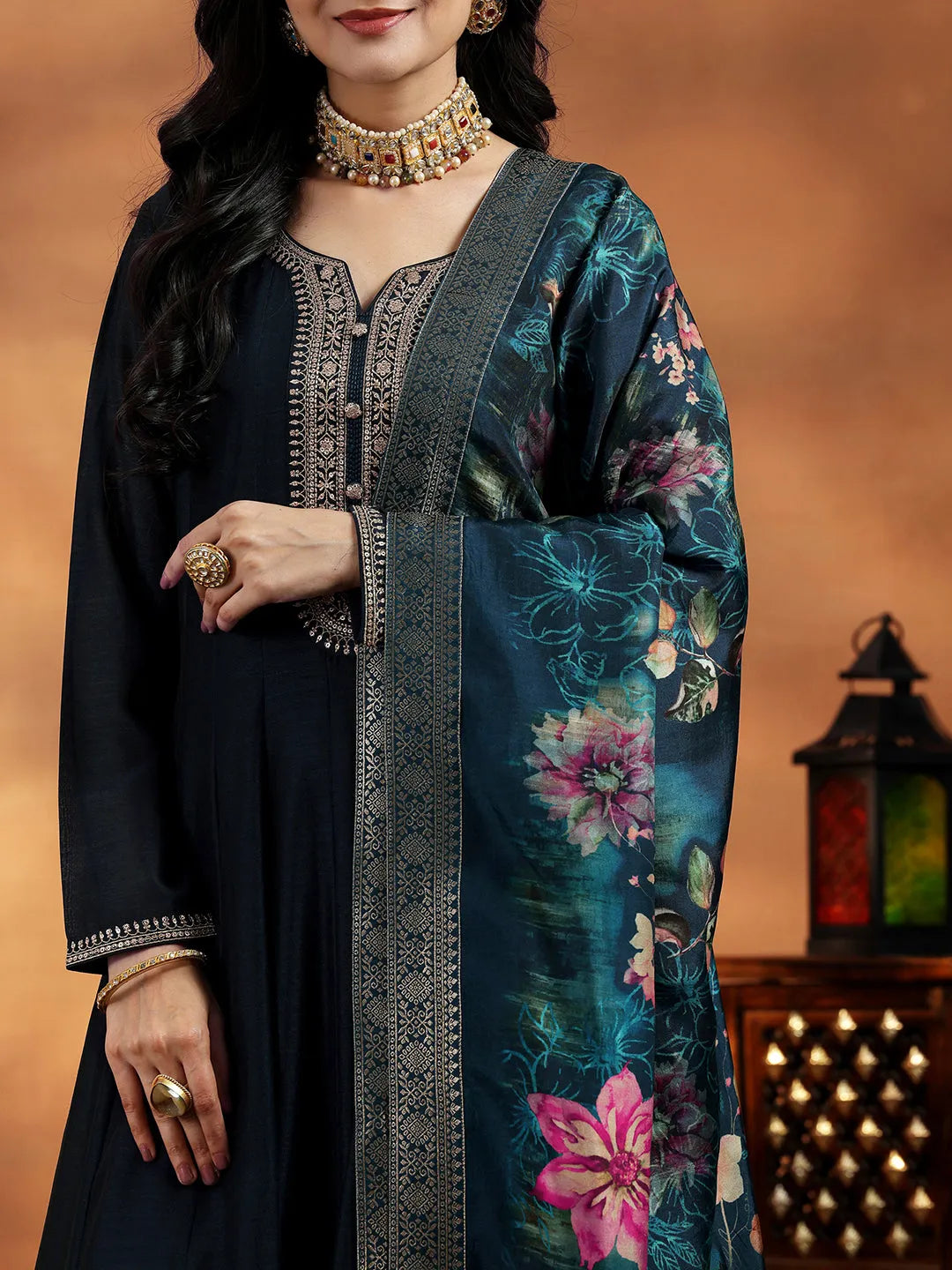 Libas Blue Yoke Design Silk Blend A-Line Kurta With Trousers & Dupatta