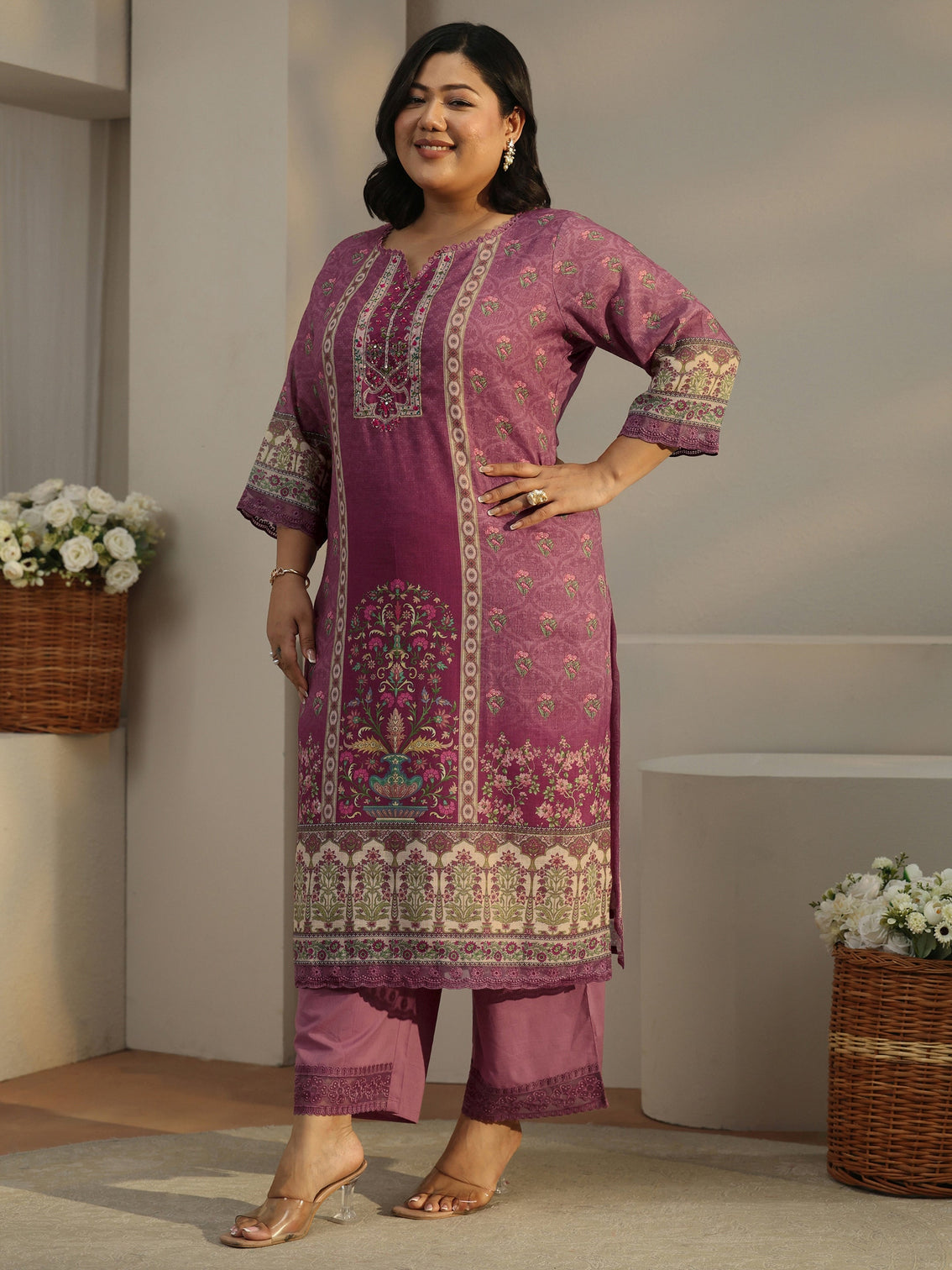 Plus Size Mauve Printed Cotton Blend Straight Suit With Dupatta