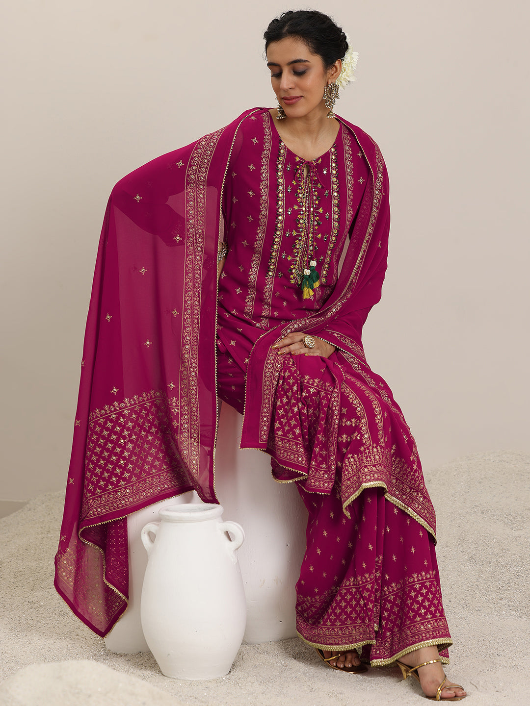 Libas Pink Printed Georgette Straight Suit With Dupatta
