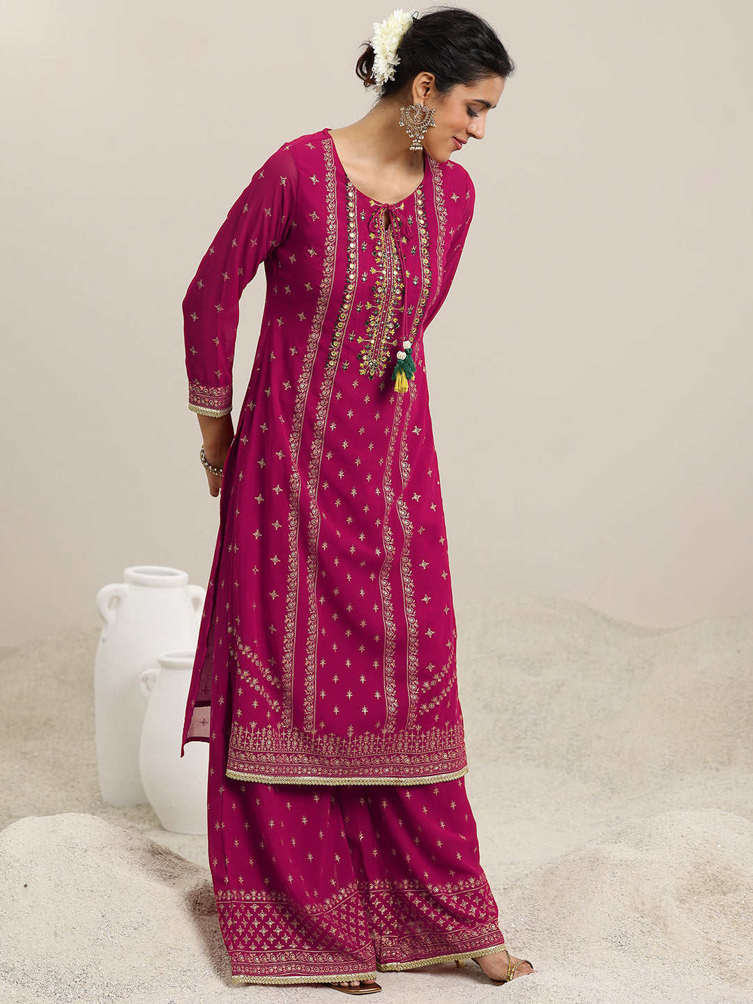 Libas Pink Printed Georgette Straight Suit With Dupatta