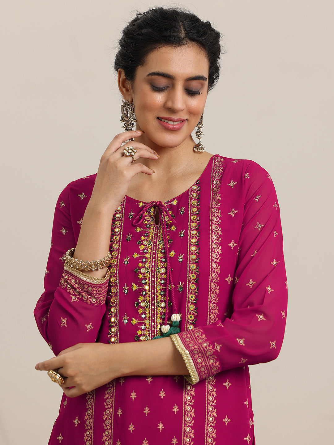 Libas Pink Printed Georgette Straight Suit With Dupatta