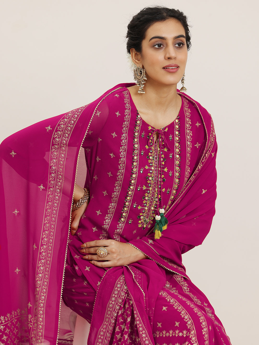 Libas Pink Printed Georgette Straight Suit With Dupatta