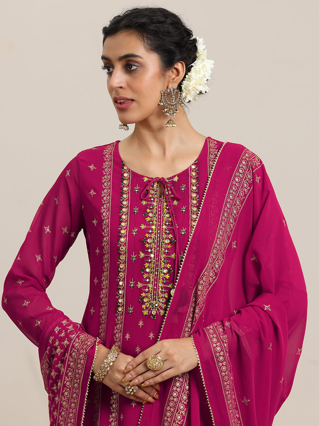 Libas Pink Printed Georgette Straight Suit With Dupatta