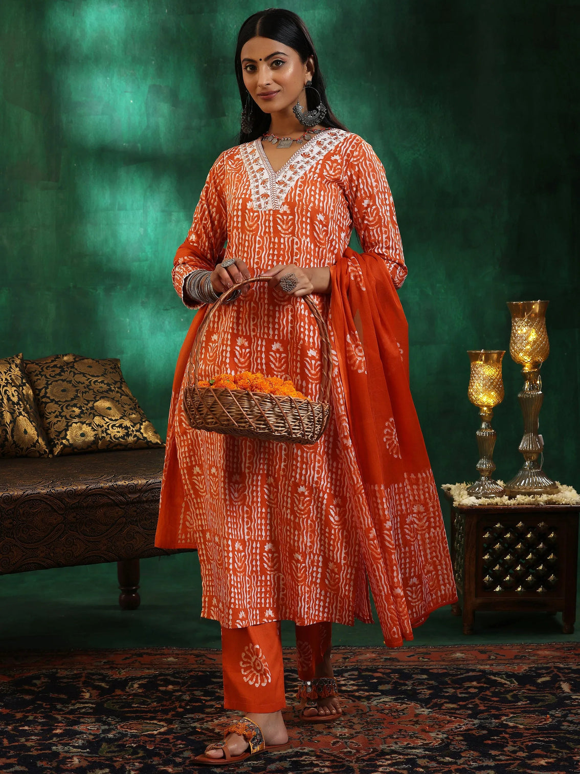 Mameraa Orange Printed Cotton Straight Suit With Dupatta
