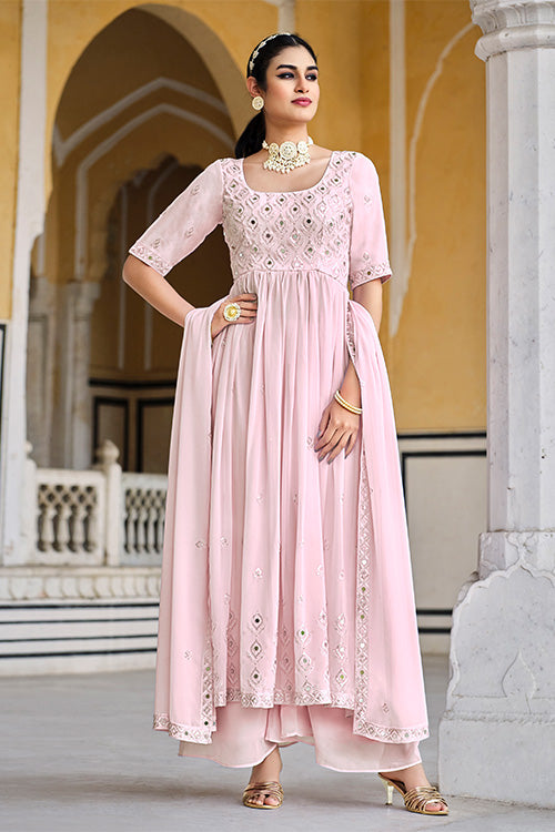 Pink Georgette Embroidered Work Kurta Palazzo Dupatta Set