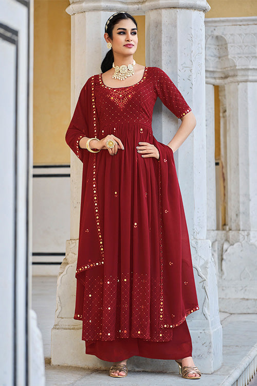 Red Georgette Embroidered Work Kurta Palazzo Dupatta Set