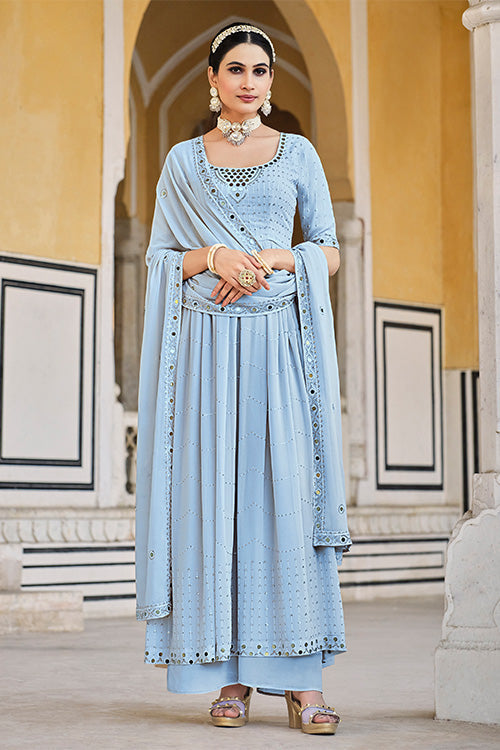Sky Georgette Embroidered Work Kurta Palazzo Dupatta Set