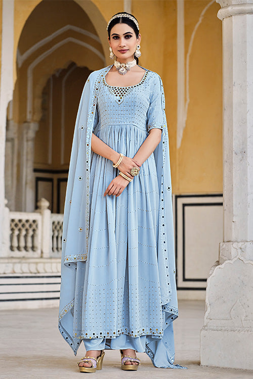 Sky Georgette Embroidered Work Kurta Palazzo Dupatta Set