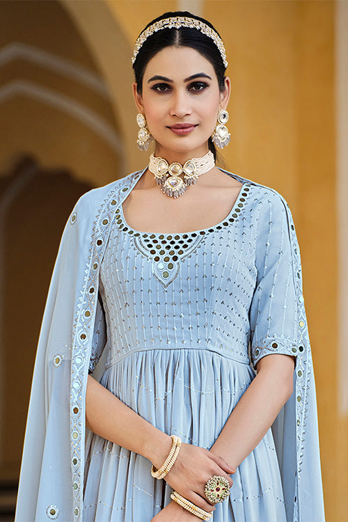 Sky Georgette Embroidered Work Kurta Palazzo Dupatta Set