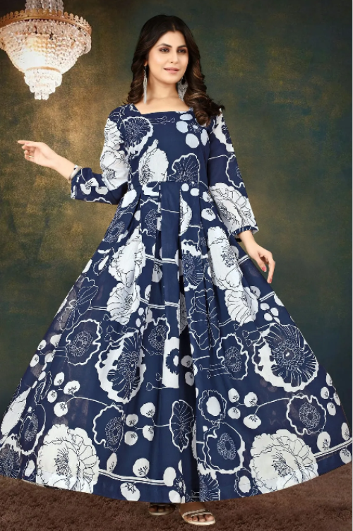 Enchanting Navy Digital Print Muslin Gown with Micro Cotton Lining