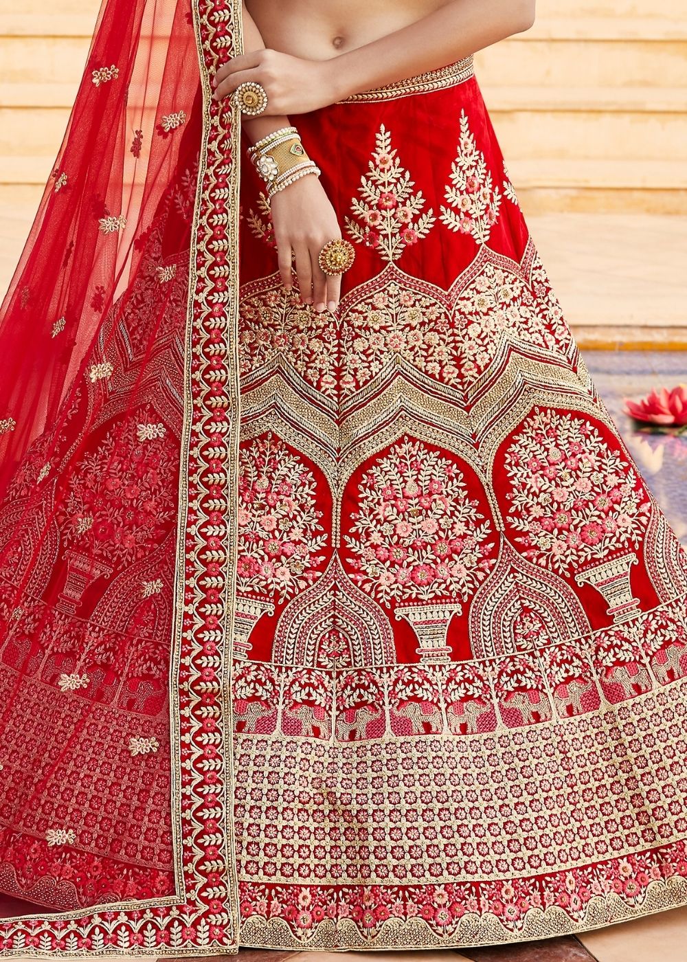 Crimson Red Velvet Bridal Lehenga Choli with Embroidery & Hand work