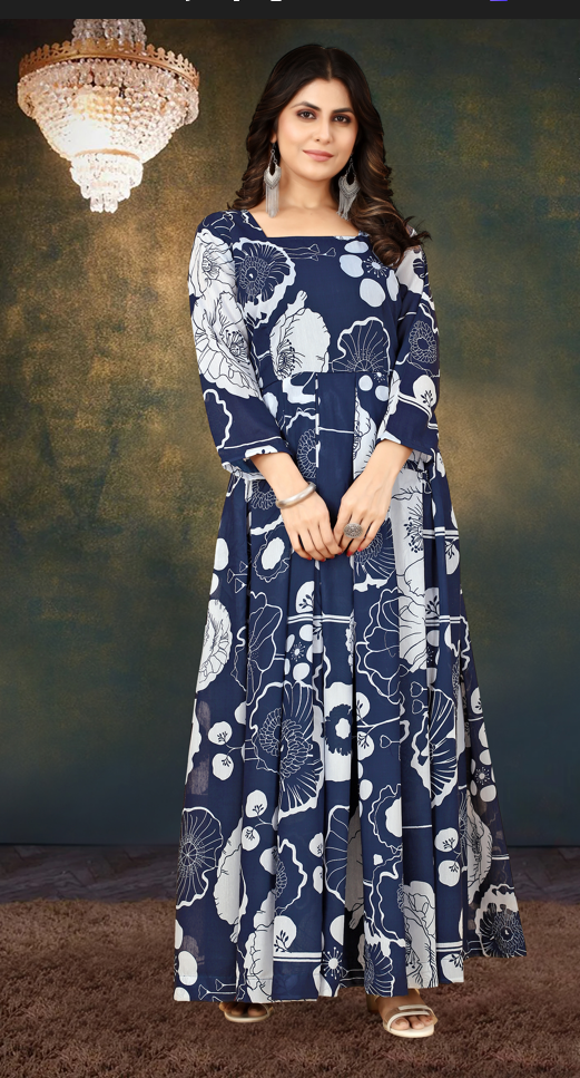 Enchanting Navy Digital Print Muslin Gown with Micro Cotton Lining