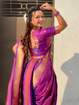 Special Nauvari Paithani Soft Silk Saree witPurple Weddingh Zari Woven Polka Motifs and Peacock Pallu
