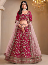 Wonderful Pink Embroidered Silk Wedding Lehenga Choli With Dupatta