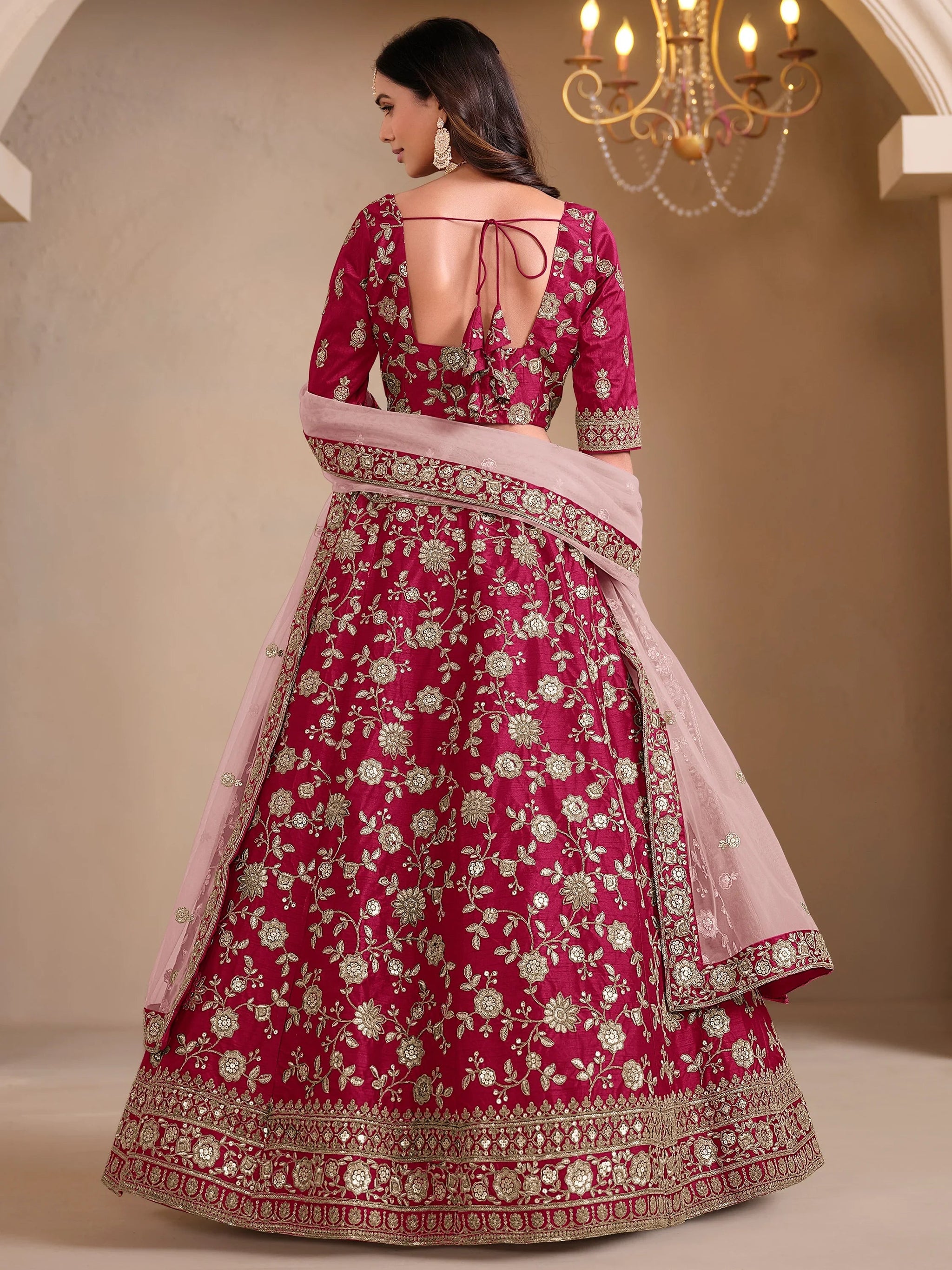 Wonderful Pink Embroidered Silk Wedding Lehenga Choli With Dupatta