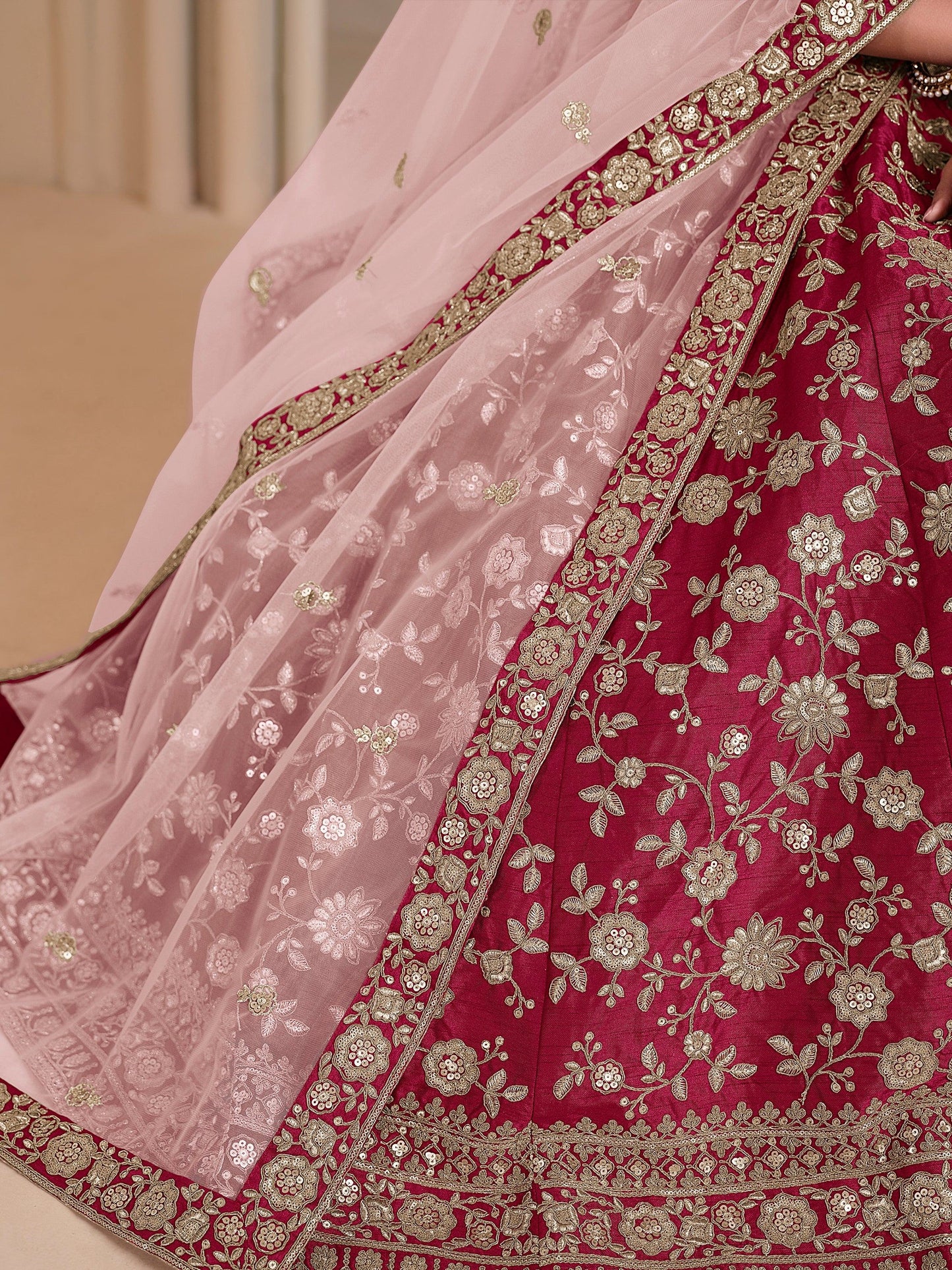 Wonderful Pink Embroidered Silk Wedding Lehenga Choli With Dupatta