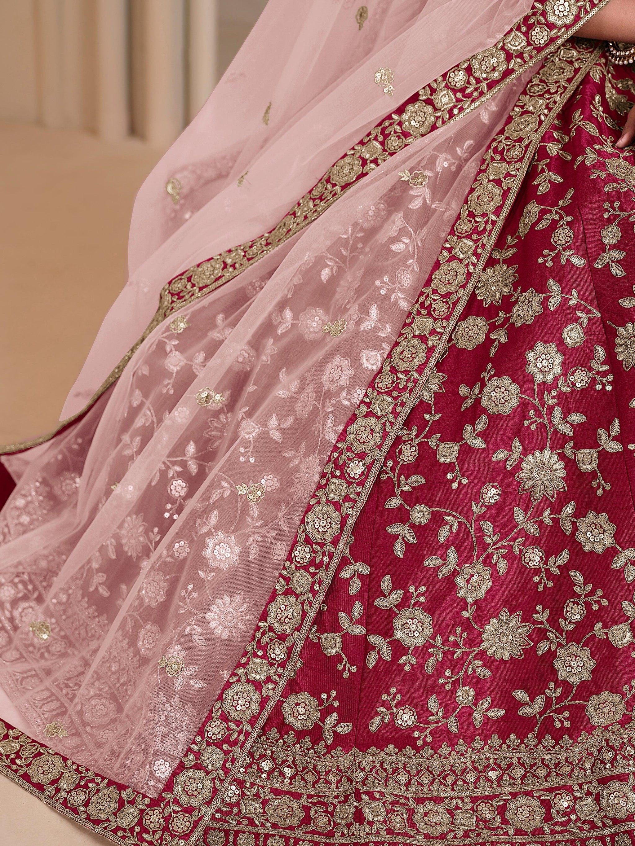 Wonderful Pink Embroidered Silk Wedding Lehenga Choli With Dupatta
