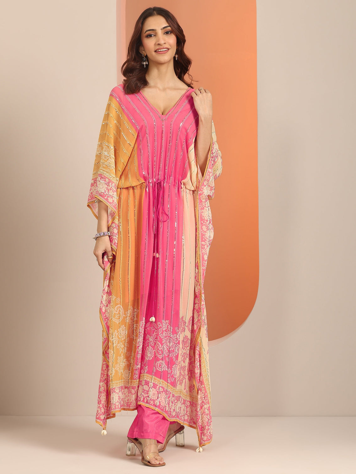 Mameraa Art Pink Printed Poly Georgette 3 Piece Co-Ords