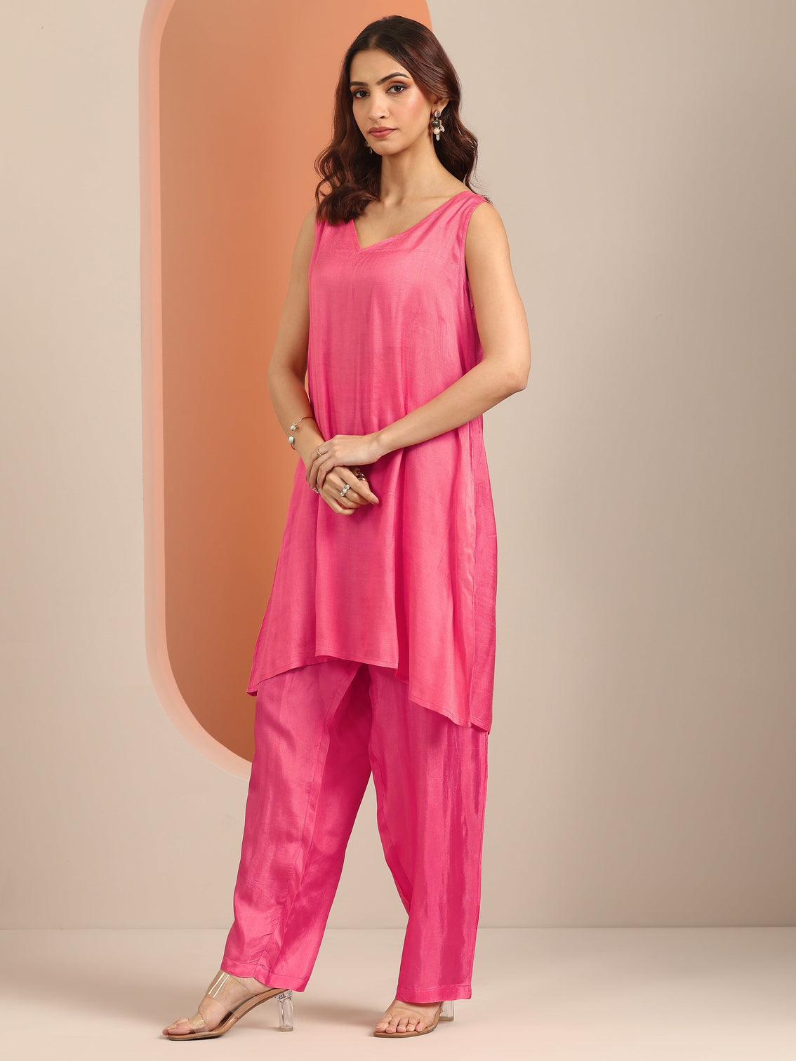 Mameraa Art Pink Printed Poly Georgette 3 Piece Co-Ords