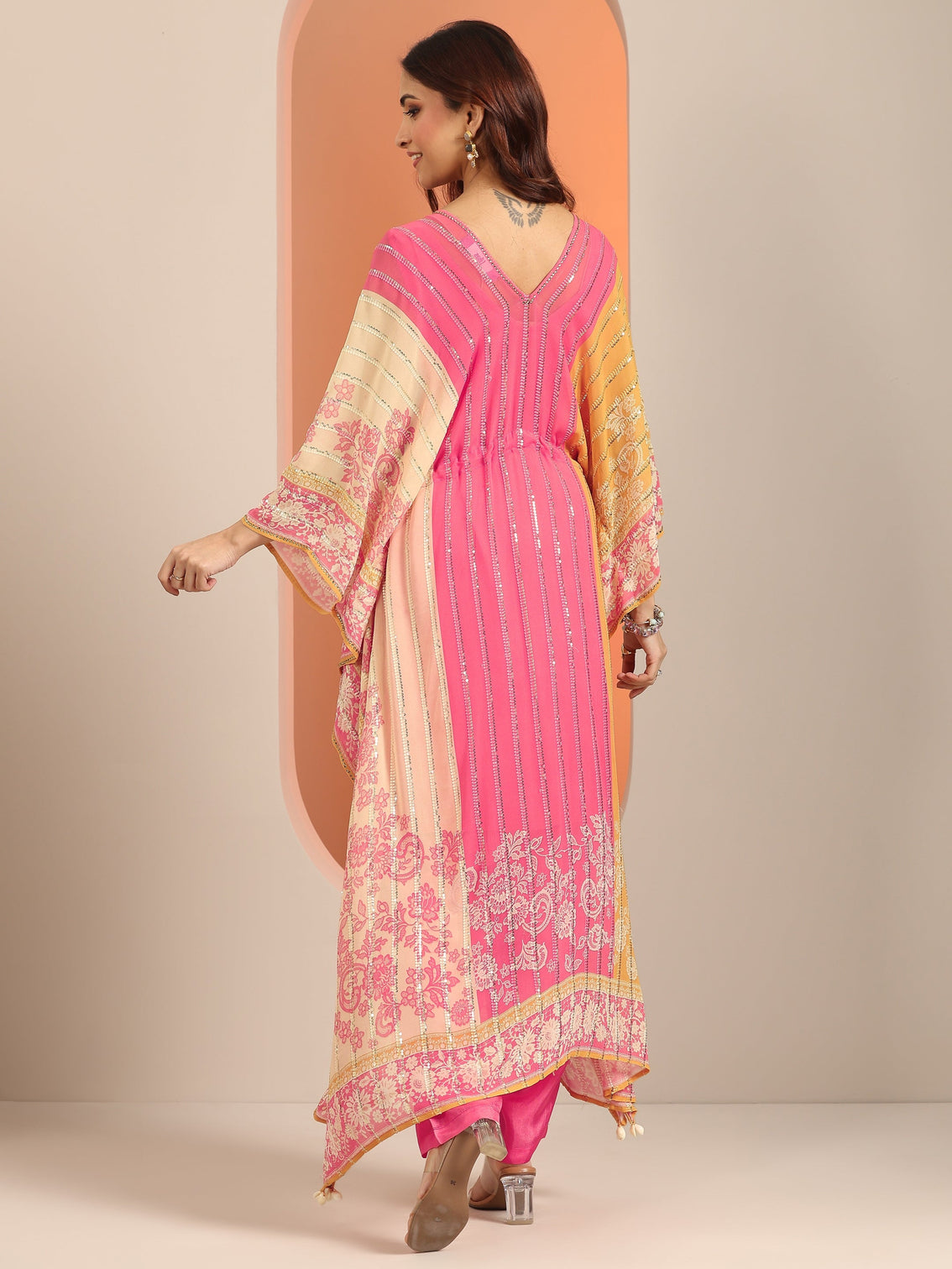 Mameraa Art Pink Printed Poly Georgette 3 Piece Co-Ords