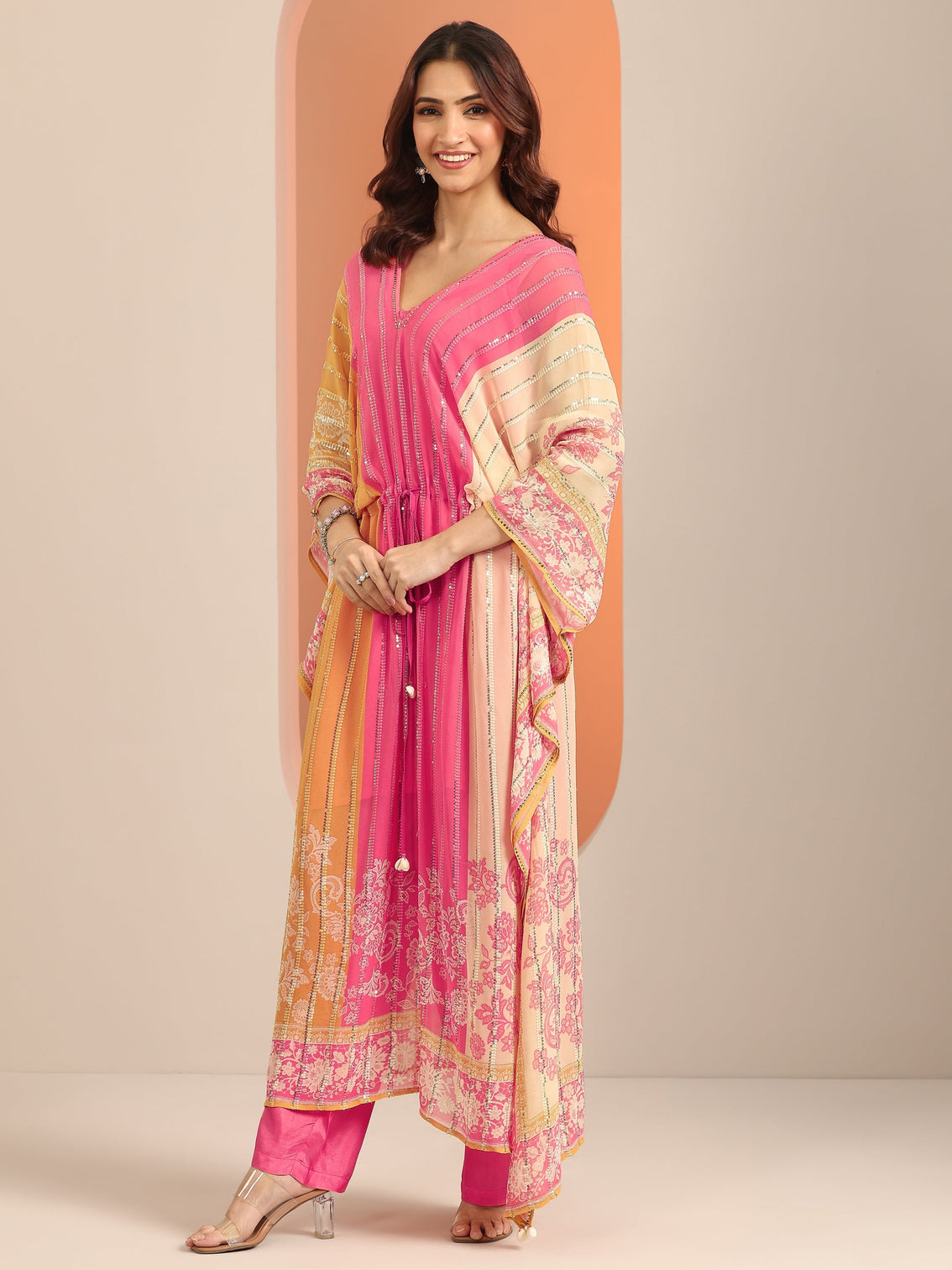 Mameraa Art Pink Printed Poly Georgette 3 Piece Co-Ords
