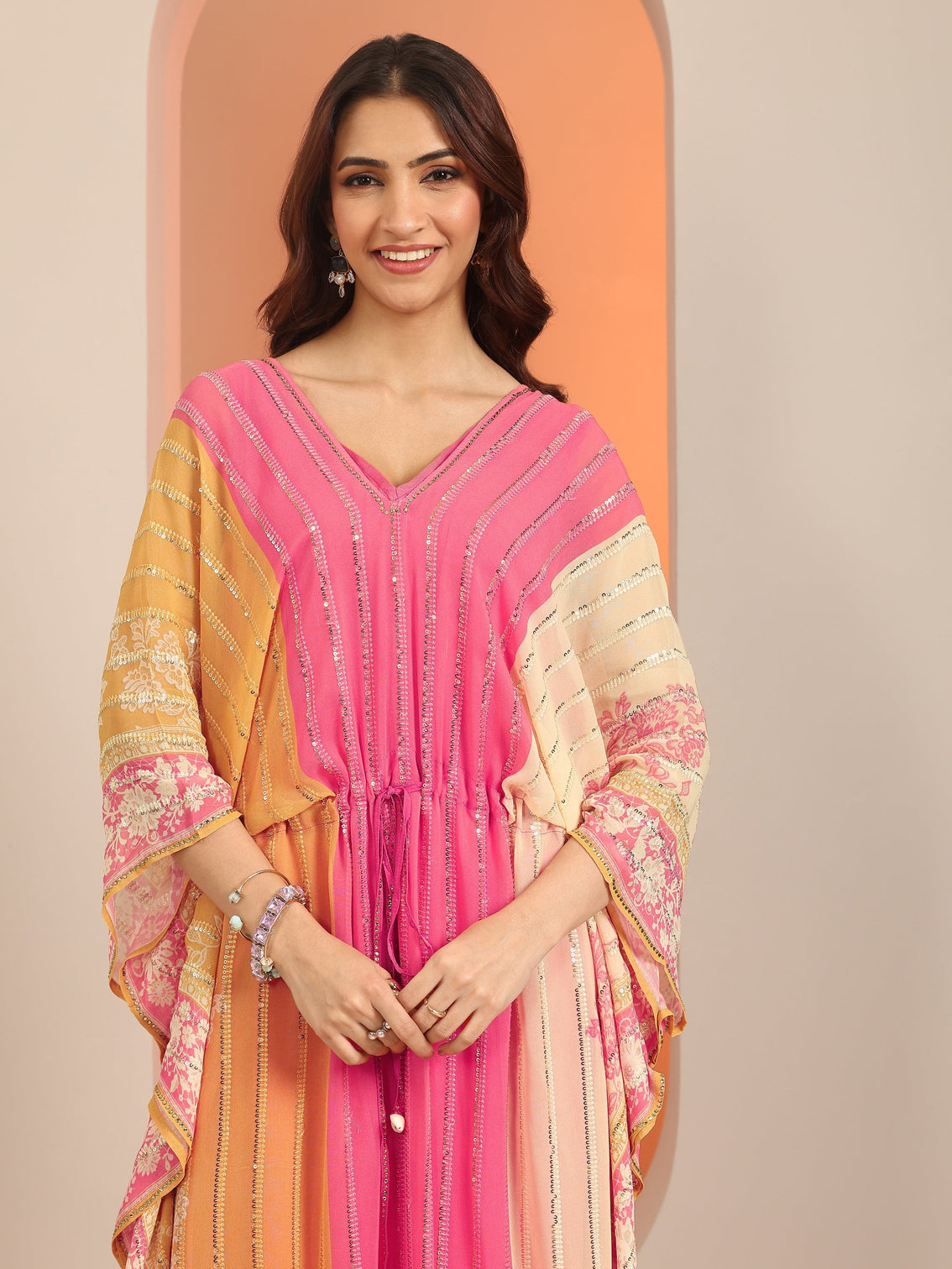 Mameraa Art Pink Printed Poly Georgette 3 Piece Co-Ords