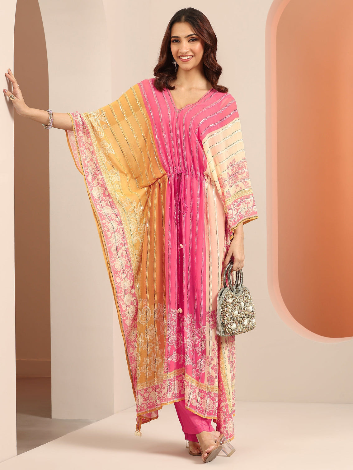 Mameraa Art Pink Printed Poly Georgette 3 Piece Co-Ords