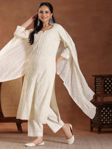 Libas Off White Embroidered Cotton Straight Suit With Dupatta