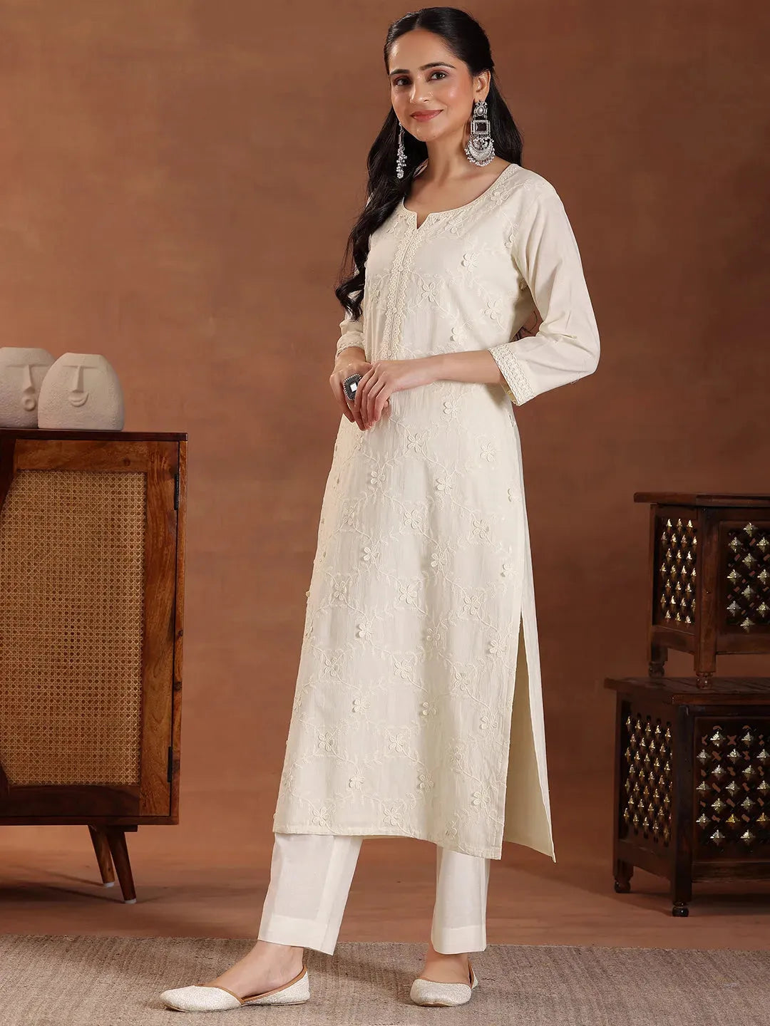 Libas Off White Embroidered Cotton Straight Suit With Dupatta