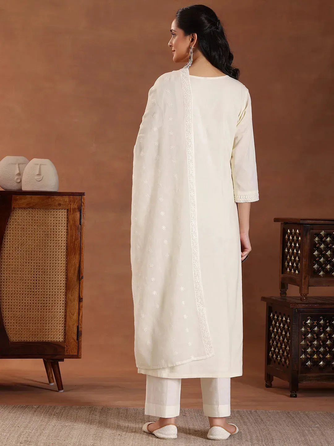 Libas Off White Embroidered Cotton Straight Suit With Dupatta