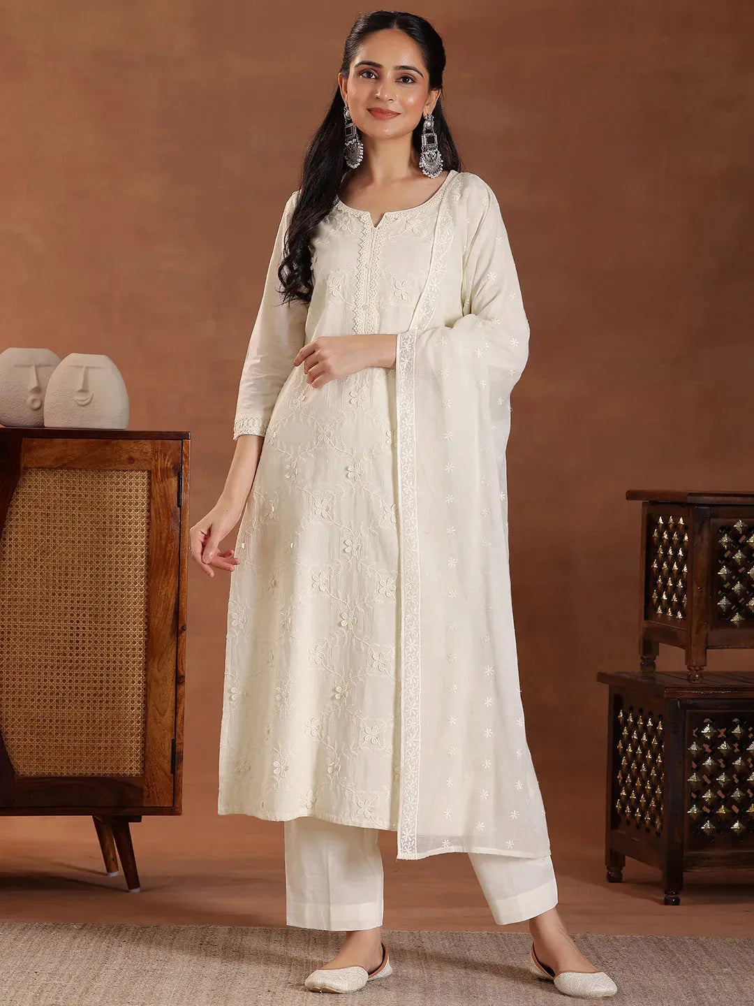 Libas Off White Embroidered Cotton Straight Suit With Dupatta