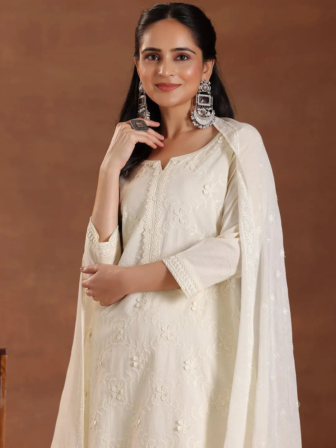 Libas Off White Embroidered Cotton Straight Suit With Dupatta