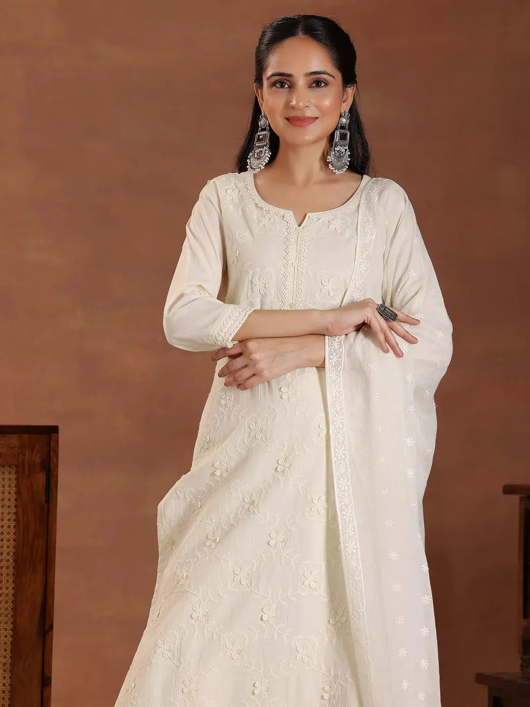 Libas Off White Embroidered Cotton Straight Suit With Dupatta
