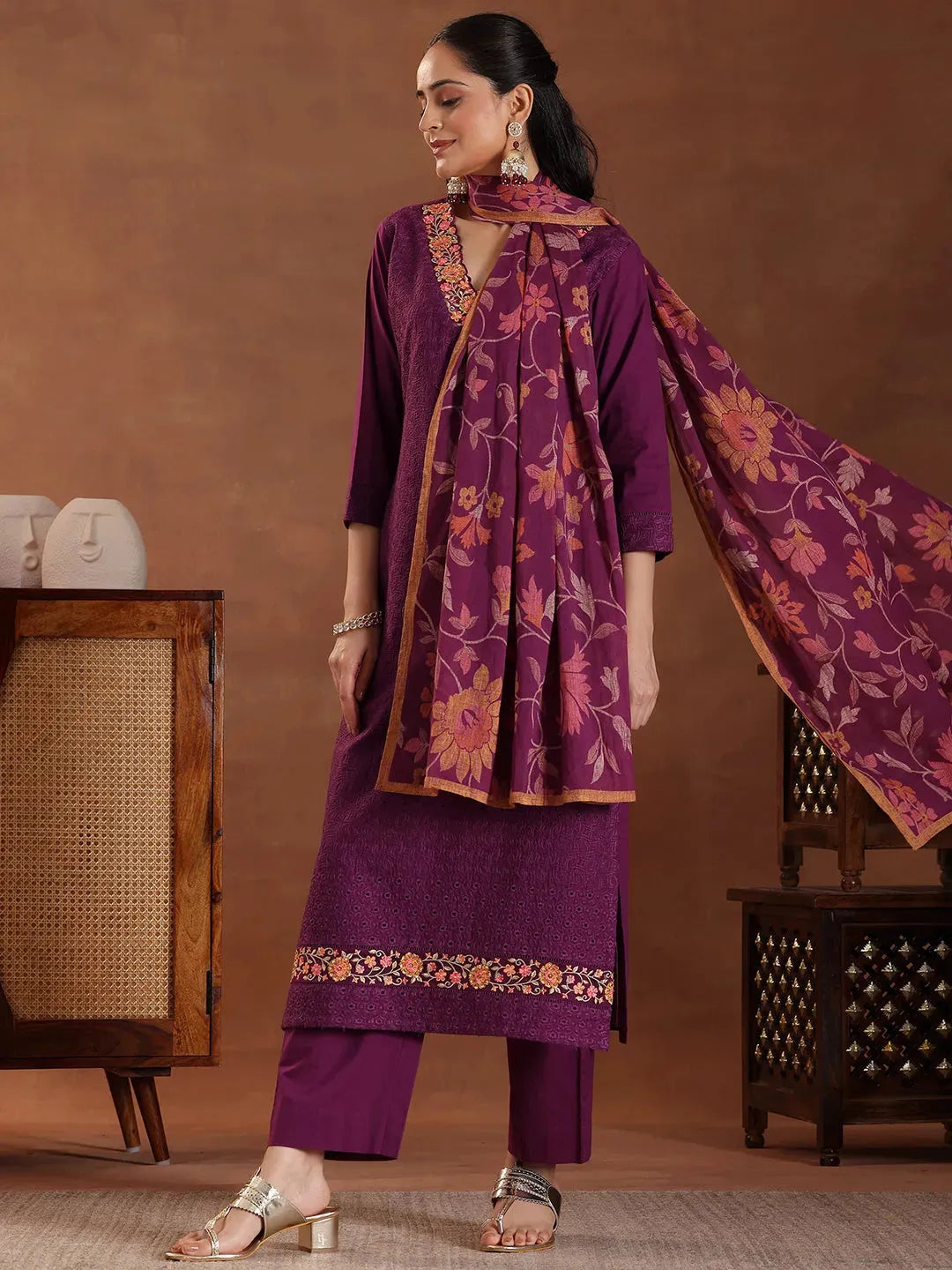 Mameraa Wine Embroidered Cotton Straight Suit With Dupatta