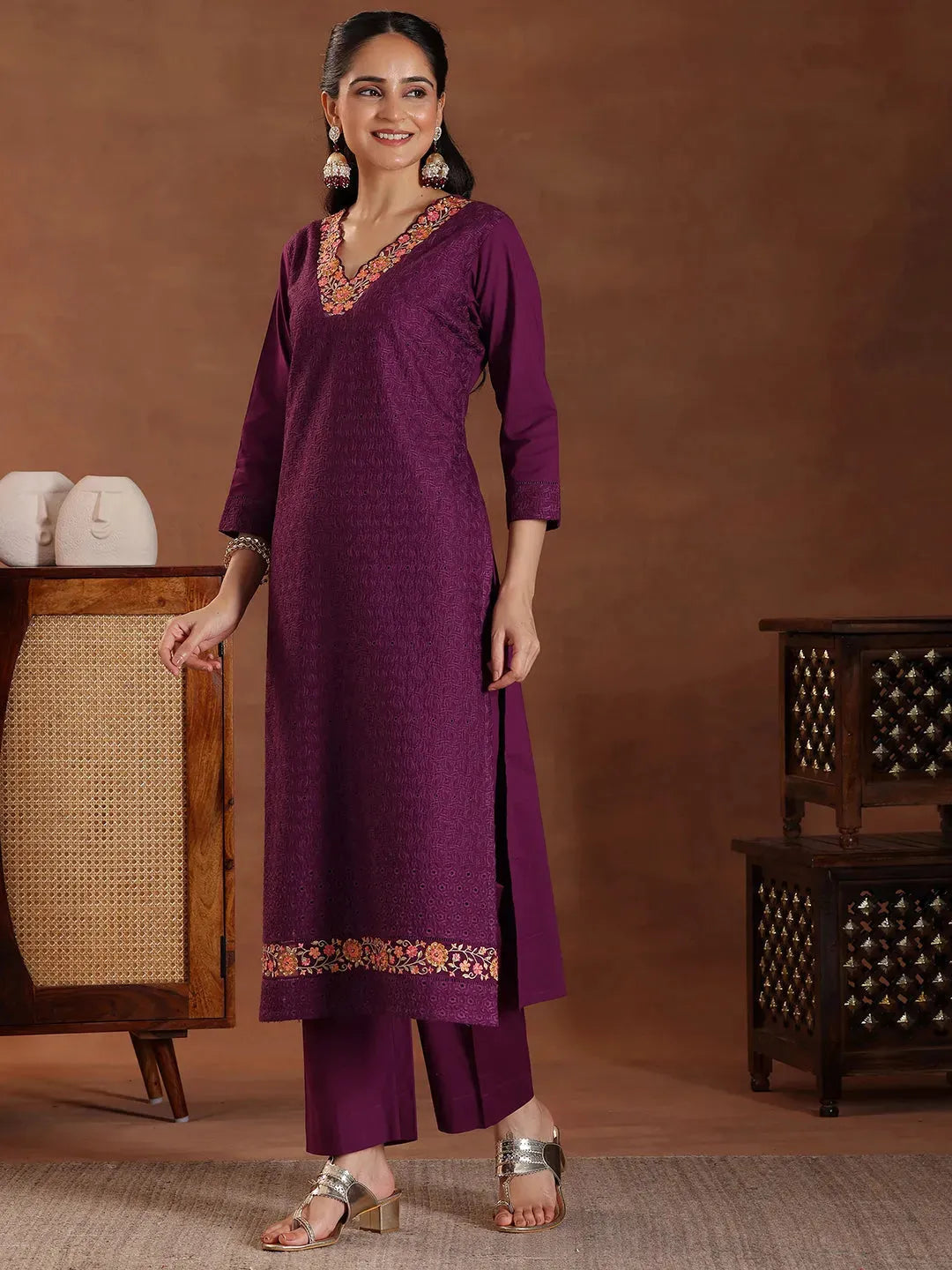 Mameraa Wine Embroidered Cotton Straight Suit With Dupatta