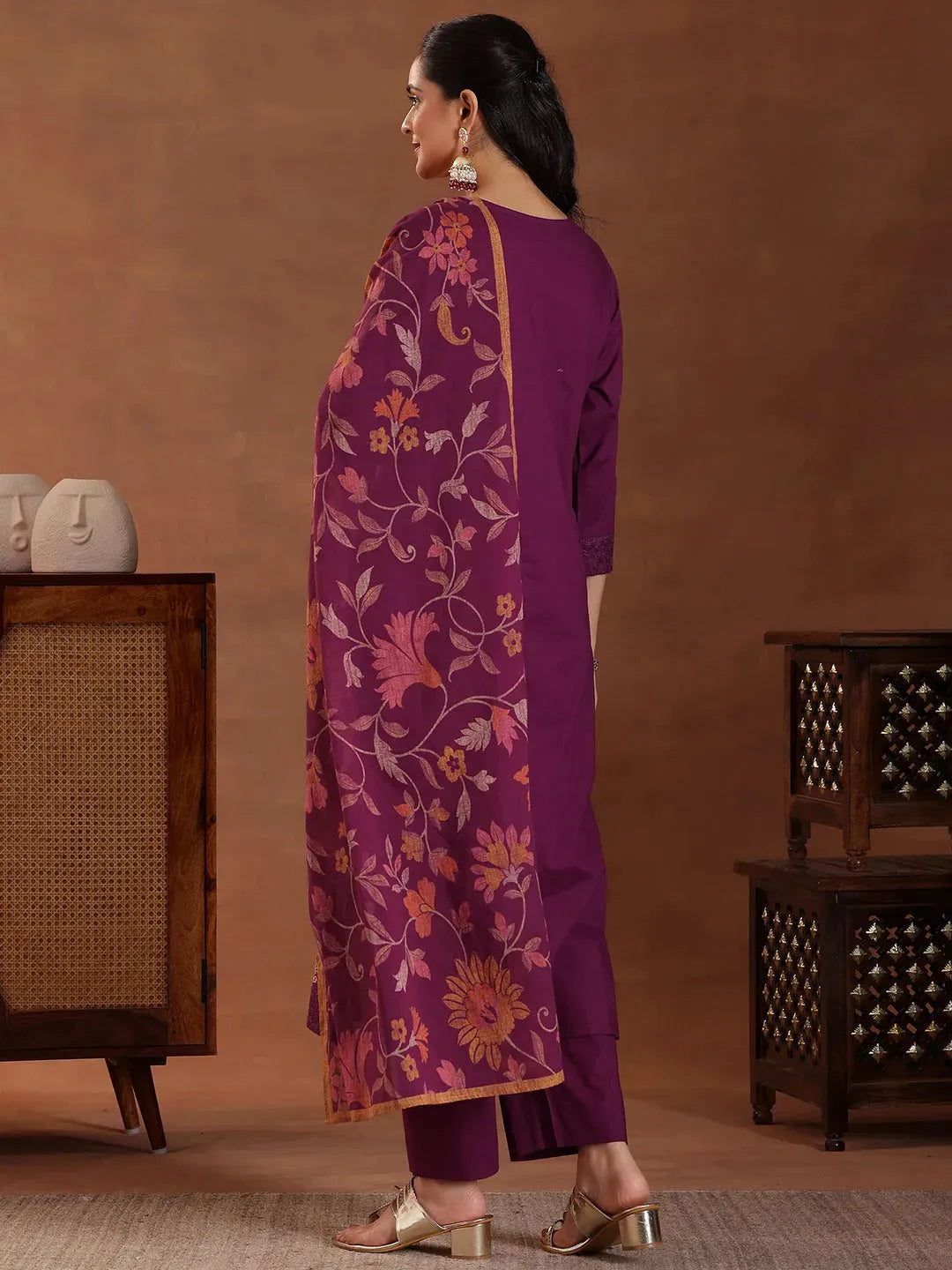 Mameraa Wine Embroidered Cotton Straight Suit With Dupatta