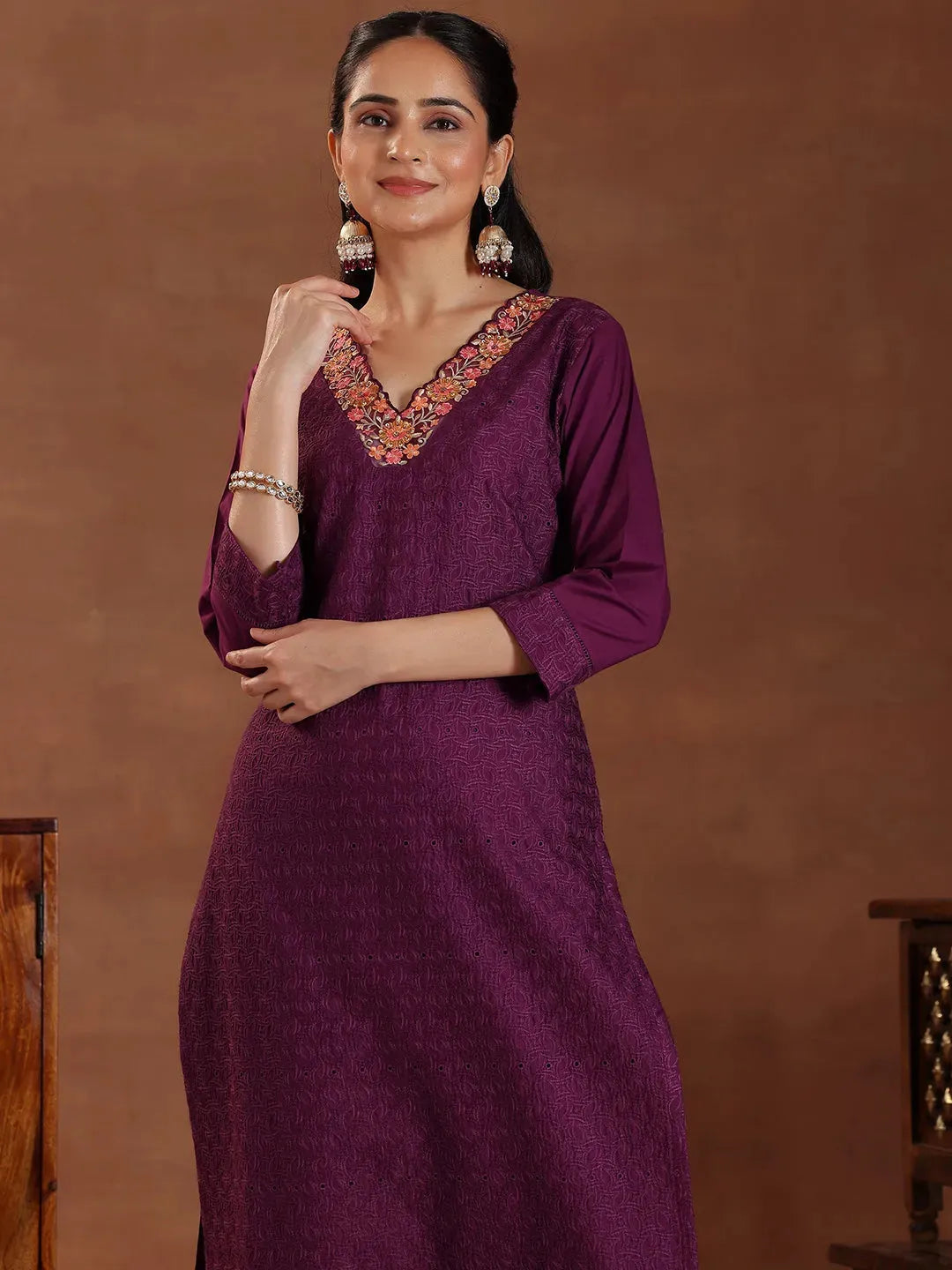 Mameraa Wine Embroidered Cotton Straight Suit With Dupatta