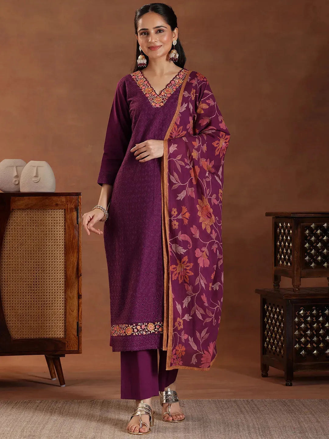 Mameraa Wine Embroidered Cotton Straight Suit With Dupatta