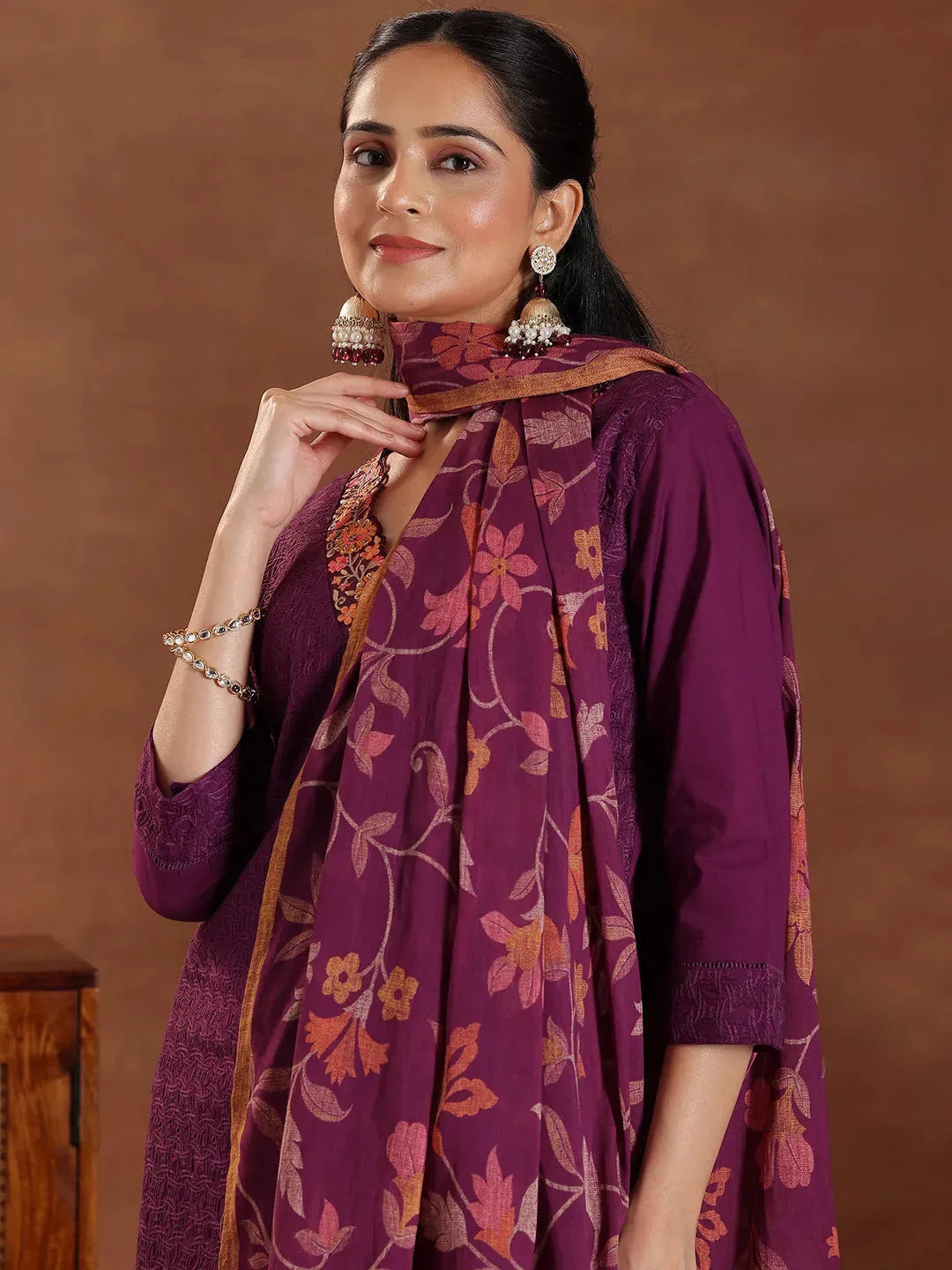 Mameraa Wine Embroidered Cotton Straight Suit With Dupatta