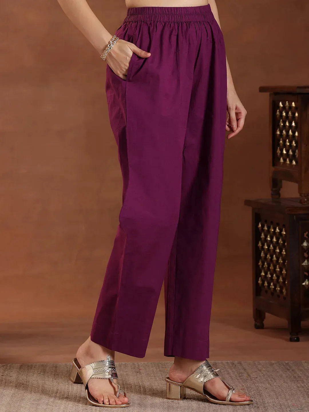 Mameraa Wine Embroidered Cotton Straight Suit With Dupatta