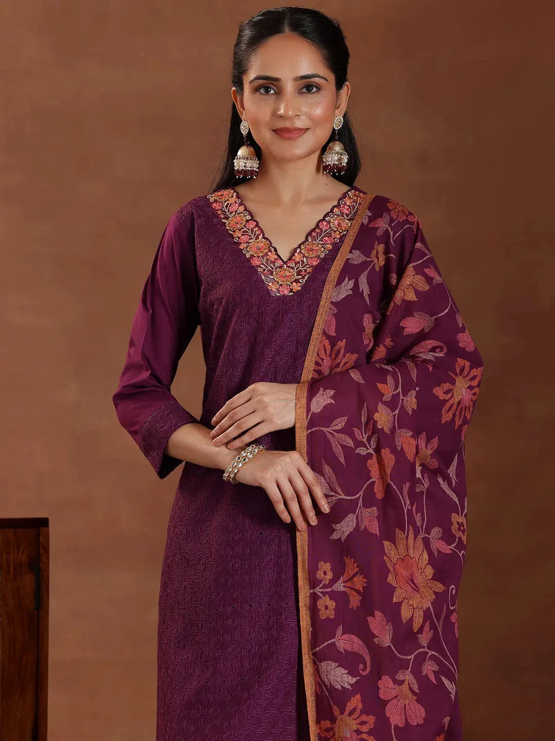 Mameraa Wine Embroidered Cotton Straight Suit With Dupatta